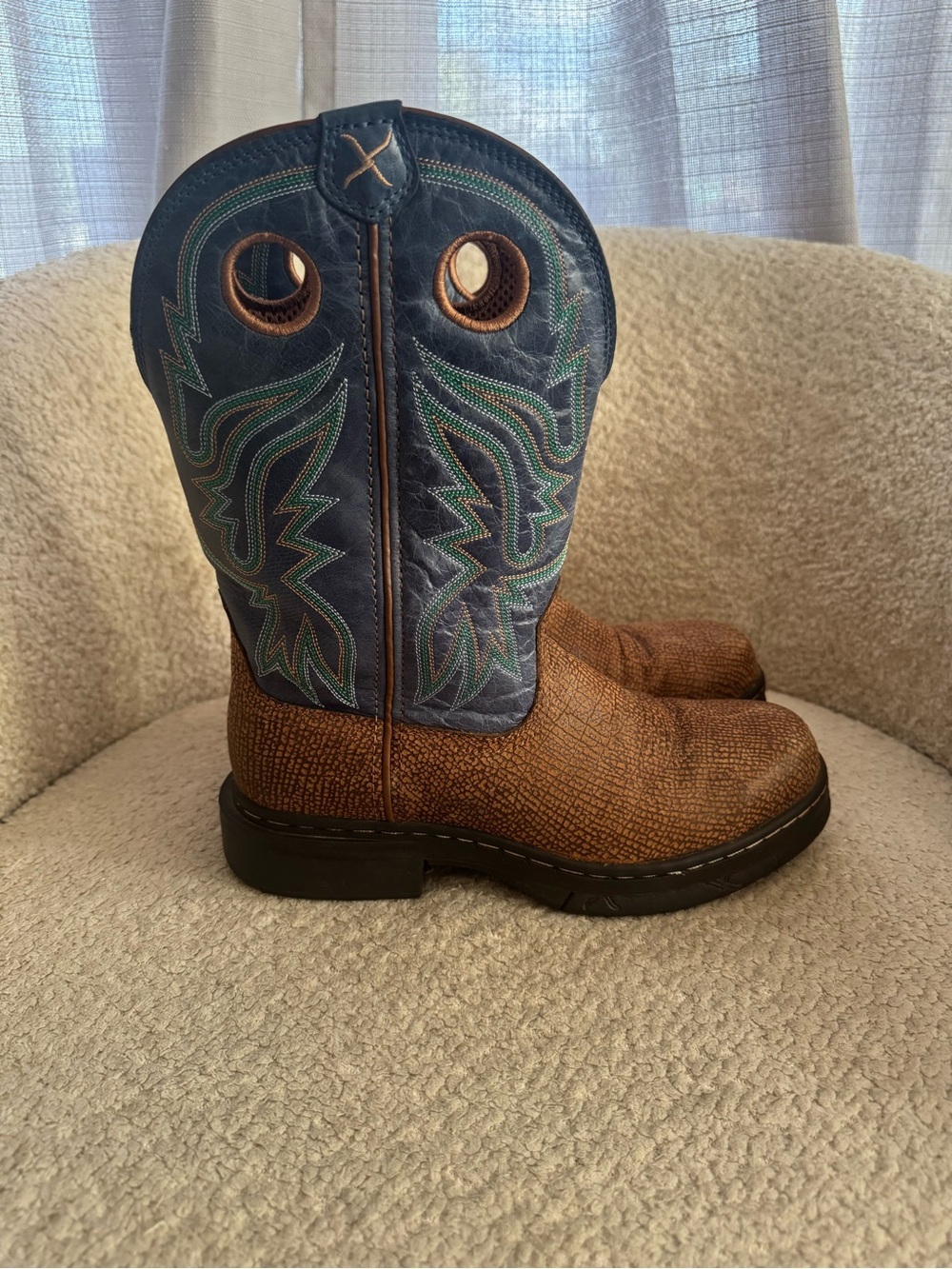 Twisted X Men’s 7.5W Steel Toe Work Boots Brown Blue Leather Western Cowboy